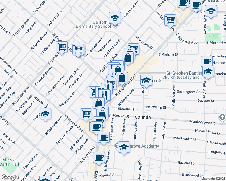 map of restaurants, bars, coffee shops, grocery stores, and more near 15430 Francisquito Avenue in La Puente