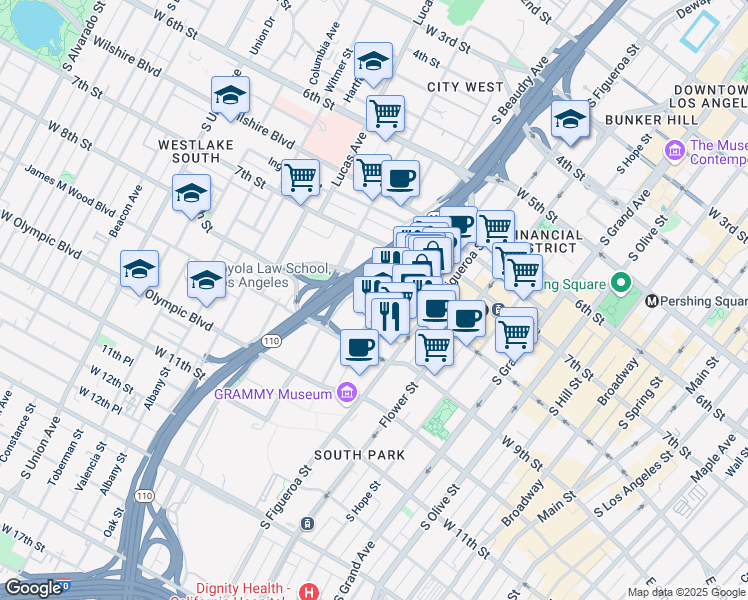 map of restaurants, bars, coffee shops, grocery stores, and more near 801 Francisco Street in Los Angeles