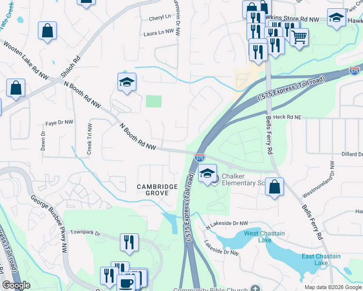 map of restaurants, bars, coffee shops, grocery stores, and more near 4032 Maxanne Drive Northwest in Kennesaw