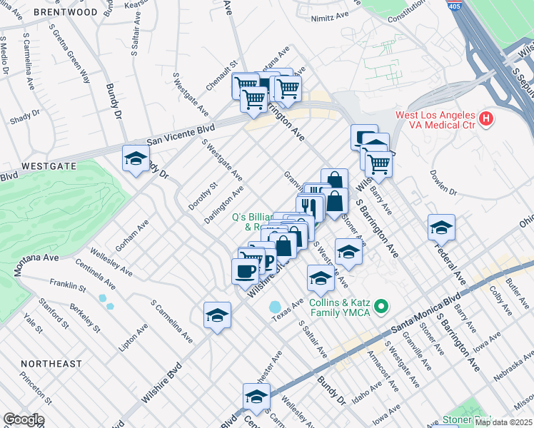map of restaurants, bars, coffee shops, grocery stores, and more near 11915 Kiowa Avenue in Los Angeles