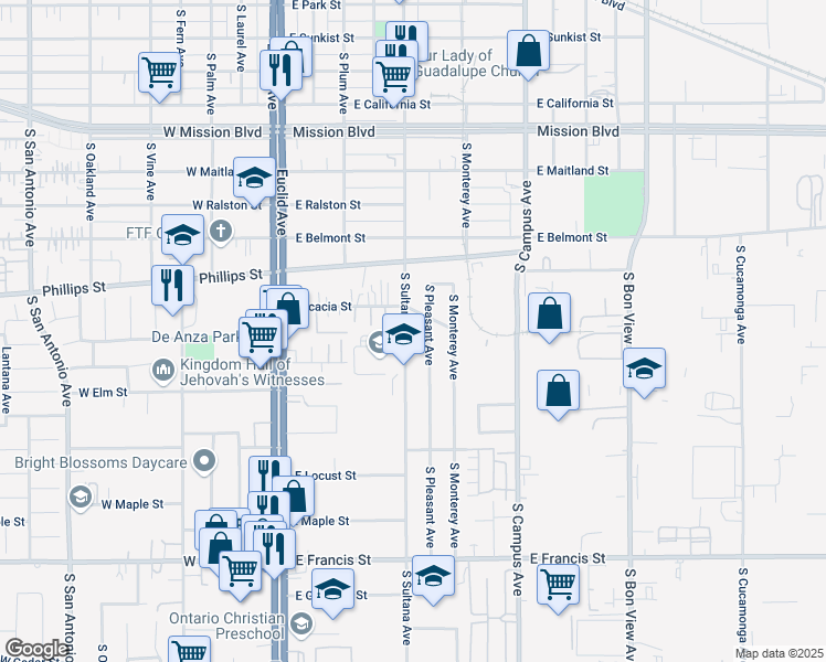 map of restaurants, bars, coffee shops, grocery stores, and more near 1377 South Sultana Avenue in Ontario