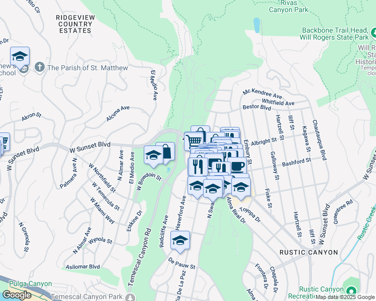 map of restaurants, bars, coffee shops, grocery stores, and more near 15510 West Sunset Boulevard in Los Angeles