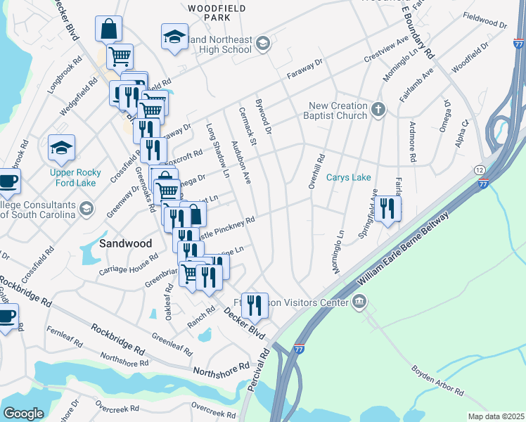 map of restaurants, bars, coffee shops, grocery stores, and more near 1305 Castle Pinckney Road in Columbia