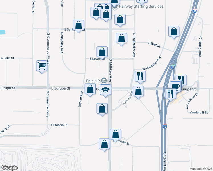 map of restaurants, bars, coffee shops, grocery stores, and more near 4295a East Jurupa Street in Ontario