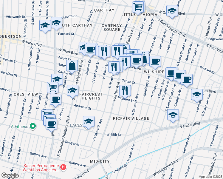 map of restaurants, bars, coffee shops, grocery stores, and more near 1546 South Hayworth Avenue in Los Angeles