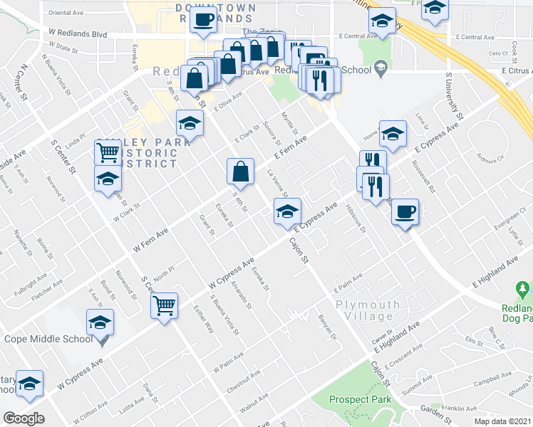 map of restaurants, bars, coffee shops, grocery stores, and more near 20 West Home Place in Redlands