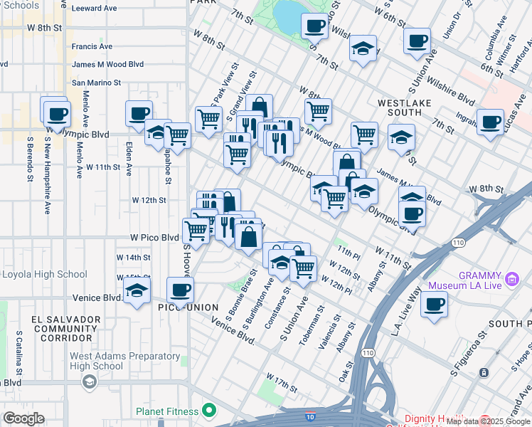 map of restaurants, bars, coffee shops, grocery stores, and more near 1842 West 11th Place in Los Angeles