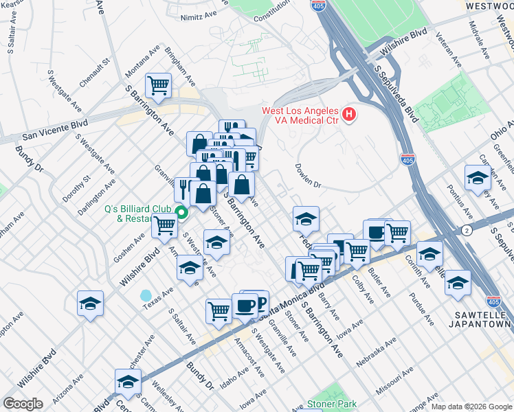 map of restaurants, bars, coffee shops, grocery stores, and more near 1265 Barry Avenue in Los Angeles