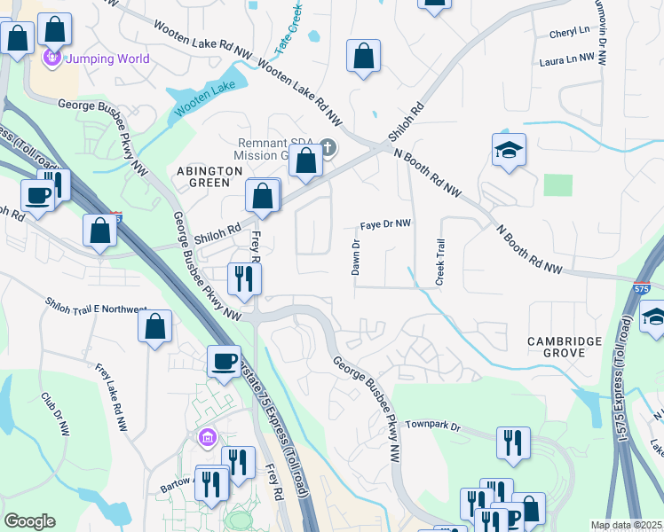 map of restaurants, bars, coffee shops, grocery stores, and more near 949 Shiloh Ridge Run Northwest in Kennesaw