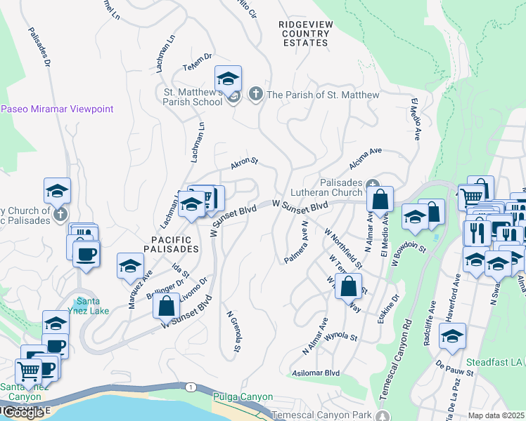 map of restaurants, bars, coffee shops, grocery stores, and more near 16450 Sunset Boulevard in Los Angeles