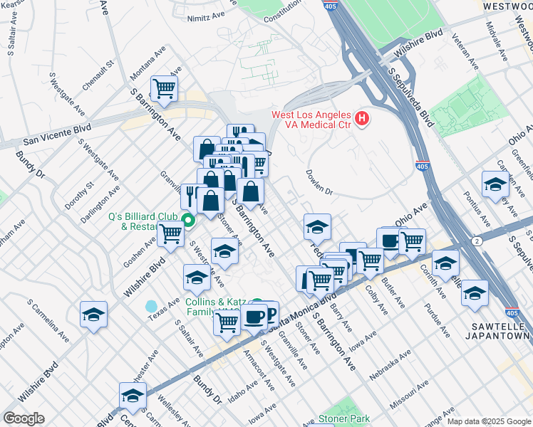 map of restaurants, bars, coffee shops, grocery stores, and more near 1281 Federal Avenue in Los Angeles