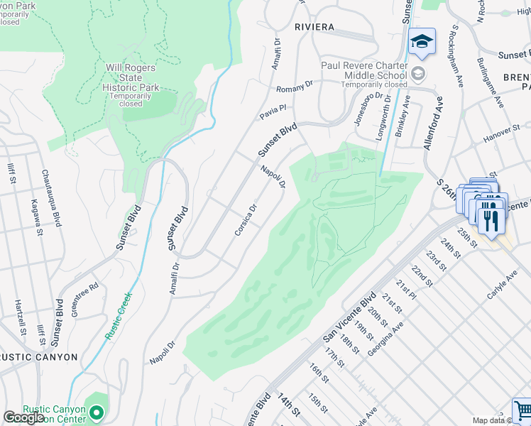 map of restaurants, bars, coffee shops, grocery stores, and more near 1125 Napoli Drive in Los Angeles