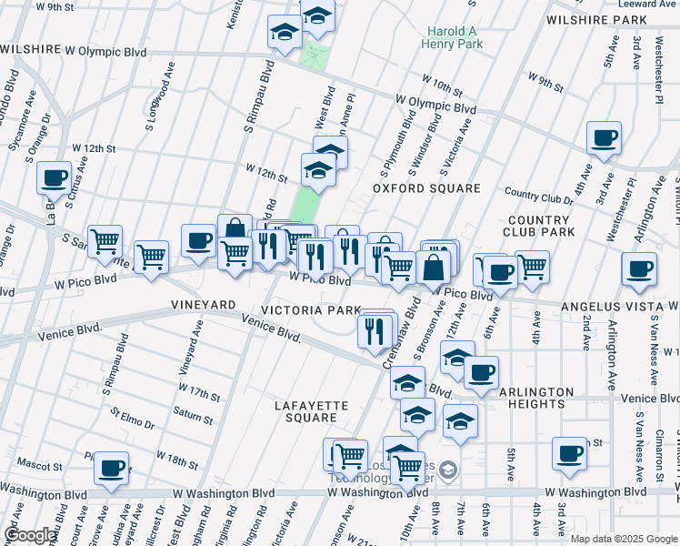 map of restaurants, bars, coffee shops, grocery stores, and more near 1292 South Plymouth Boulevard in Los Angeles