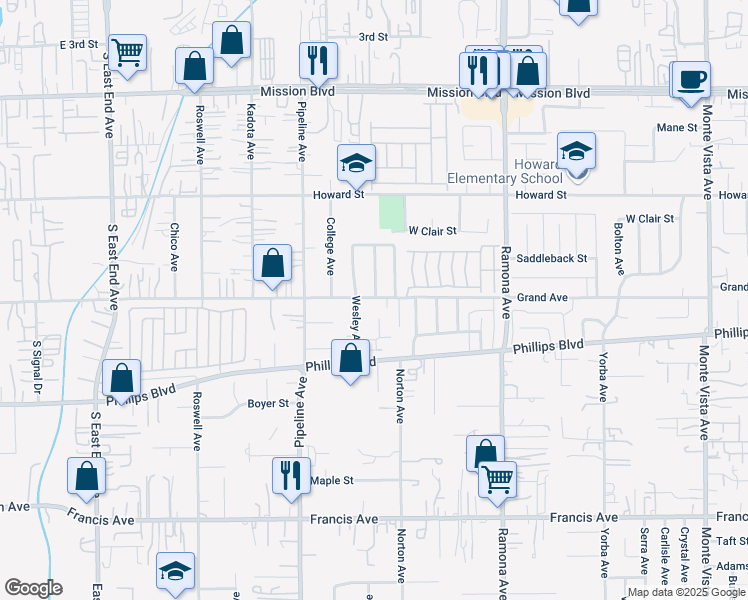 map of restaurants, bars, coffee shops, grocery stores, and more near 4235 Grand Avenue in Pomona