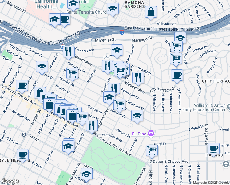 map of restaurants, bars, coffee shops, grocery stores, and more near 2843 Blanchard Street in Los Angeles