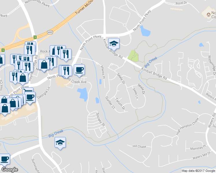 map of restaurants, bars, coffee shops, grocery stores, and more near 975 Gunter Court in Alpharetta