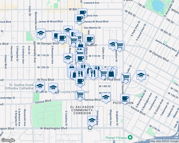 map of restaurants, bars, coffee shops, grocery stores, and more near 1220 Menlo Avenue in Los Angeles