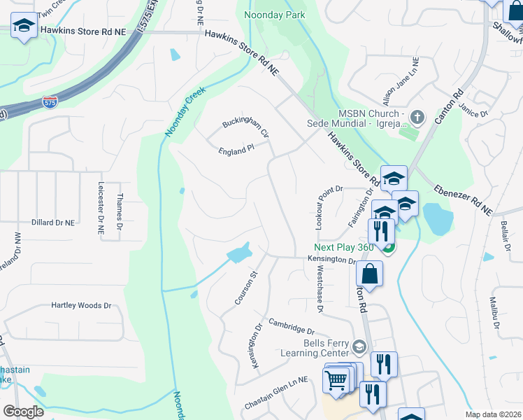 map of restaurants, bars, coffee shops, grocery stores, and more near 3960 Courson Street in Marietta