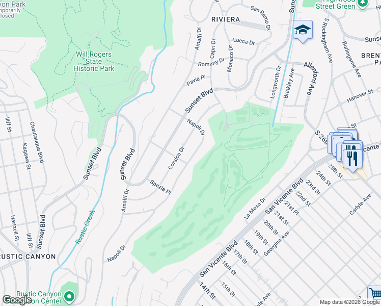 map of restaurants, bars, coffee shops, grocery stores, and more near 1125 Napoli Drive in Los Angeles