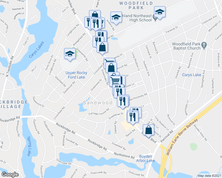 map of restaurants, bars, coffee shops, grocery stores, and more near 1930 Greenoaks Road in Columbia
