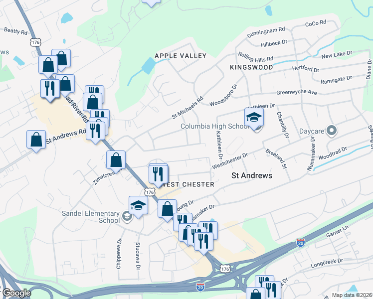 map of restaurants, bars, coffee shops, grocery stores, and more near 1634 Whiteford Road in Columbia