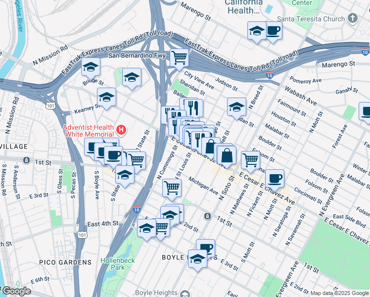 map of restaurants, bars, coffee shops, grocery stores, and more near 2024 East Cesar E Chavez Avenue in Los Angeles