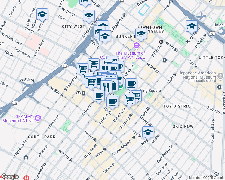 map of restaurants, bars, coffee shops, grocery stores, and more near 549 South Olive Street in Los Angeles