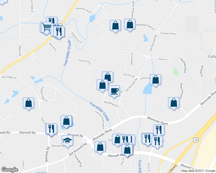 map of restaurants, bars, coffee shops, grocery stores, and more near 1050 Northfield Court in Roswell