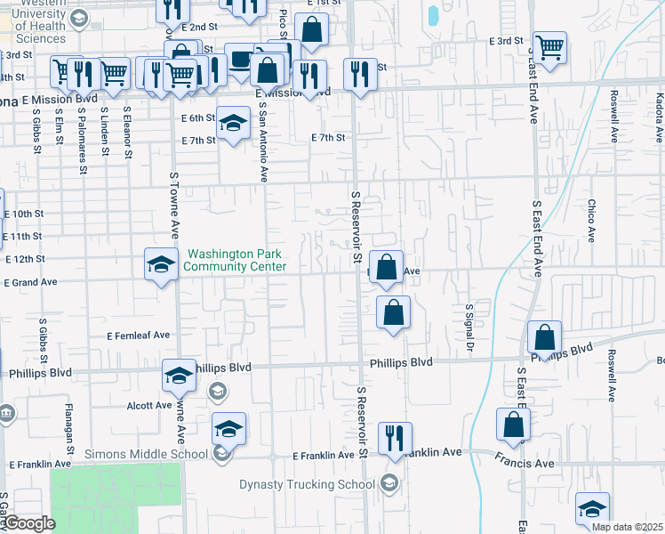 map of restaurants, bars, coffee shops, grocery stores, and more near 1141 East Grand Avenue in Pomona