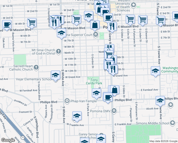 map of restaurants, bars, coffee shops, grocery stores, and more near 1205 South Park Avenue in Pomona