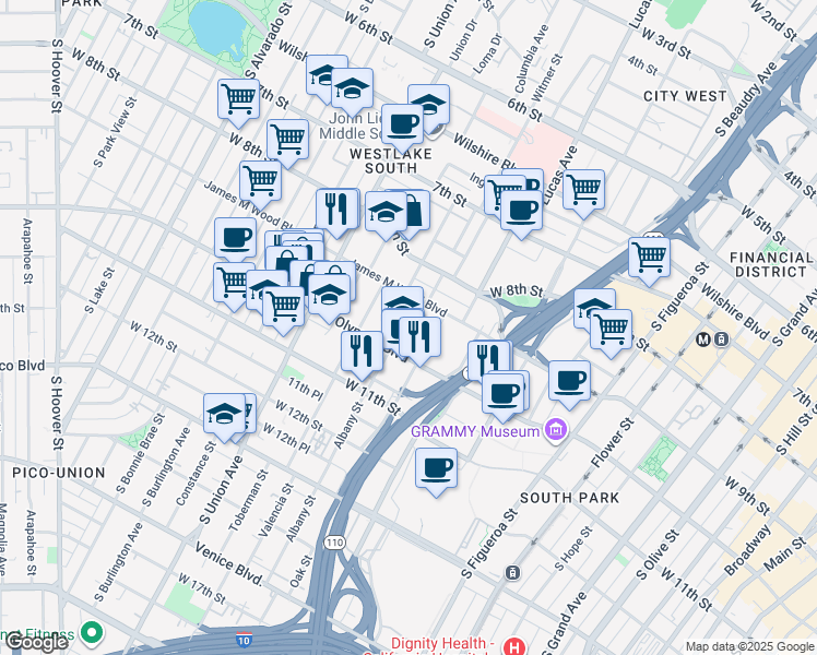 map of restaurants, bars, coffee shops, grocery stores, and more near 930 Albany Street in Los Angeles