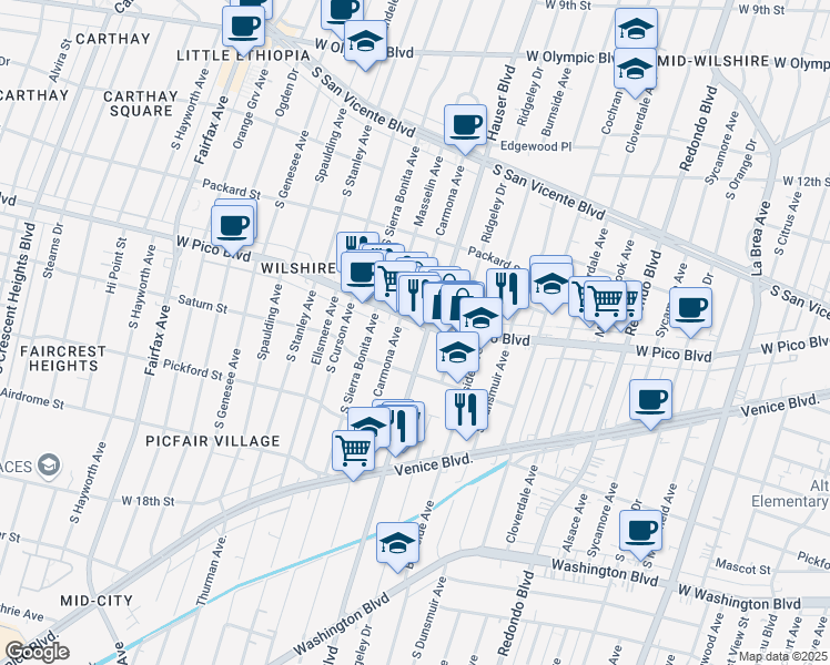 map of restaurants, bars, coffee shops, grocery stores, and more near 5508 West Pico Boulevard in Los Angeles
