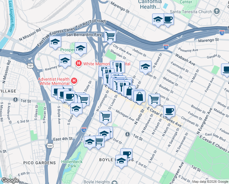 map of restaurants, bars, coffee shops, grocery stores, and more near in Los Angeles