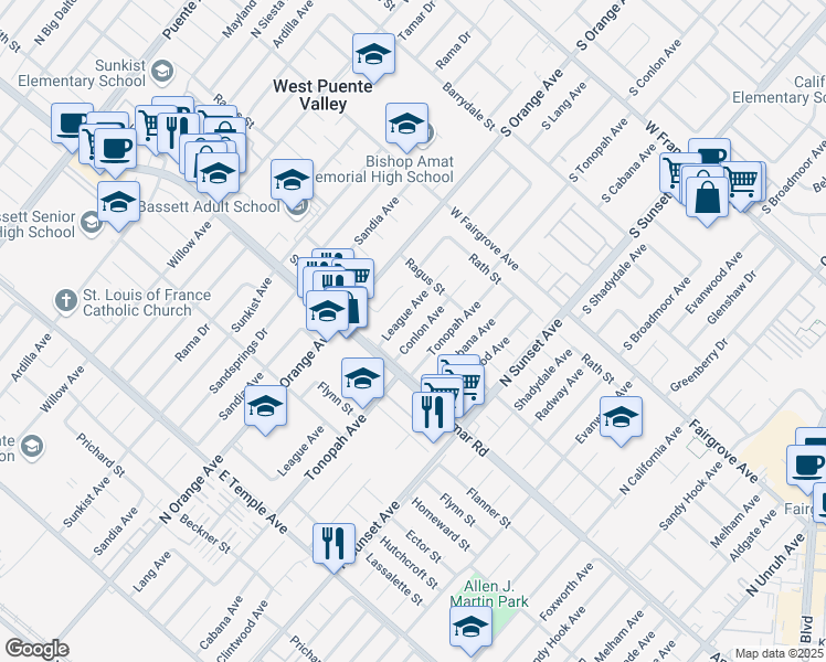 map of restaurants, bars, coffee shops, grocery stores, and more near 939 Conlon Avenue in La Puente