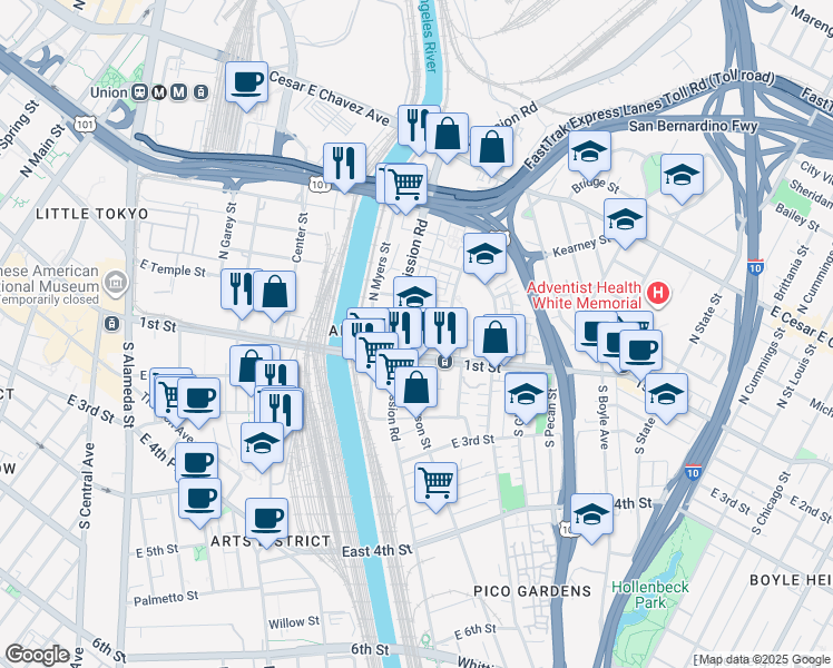map of restaurants, bars, coffee shops, grocery stores, and more near 1200 Plaza Del Sol East in Los Angeles