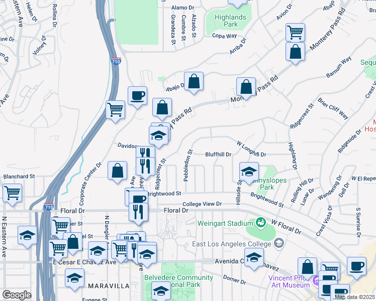 map of restaurants, bars, coffee shops, grocery stores, and more near 1245 Pebbledon Street in Monterey Park