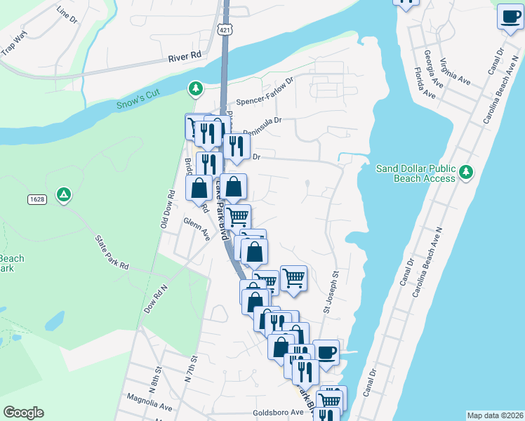 map of restaurants, bars, coffee shops, grocery stores, and more near 407 Risley Road in Carolina Beach