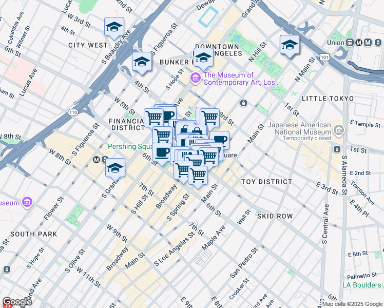 map of restaurants, bars, coffee shops, grocery stores, and more near 315 West 5th Street in Los Angeles