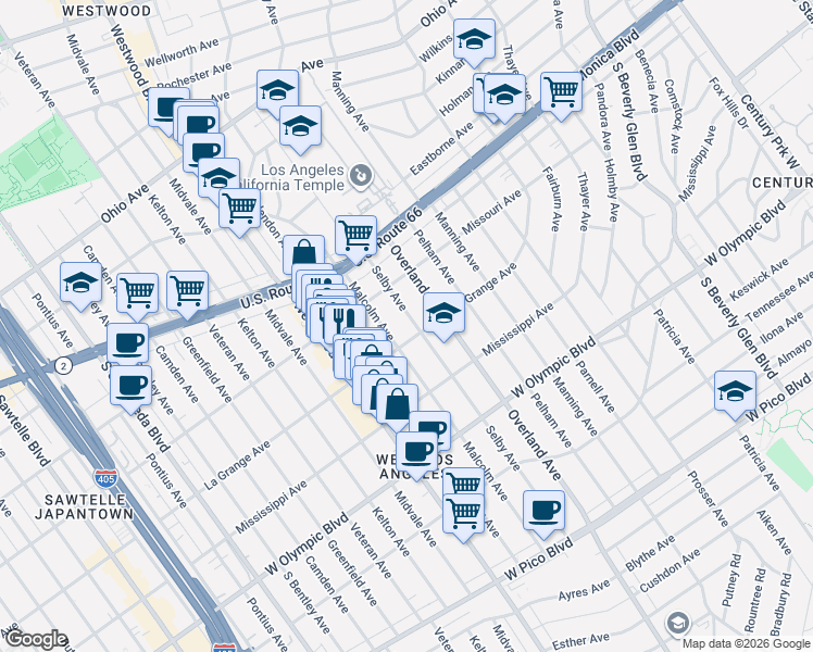 map of restaurants, bars, coffee shops, grocery stores, and more near 1951 Selby Avenue in Los Angeles