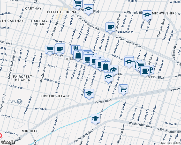map of restaurants, bars, coffee shops, grocery stores, and more near 1426 South Sierra Bonita Avenue in Los Angeles