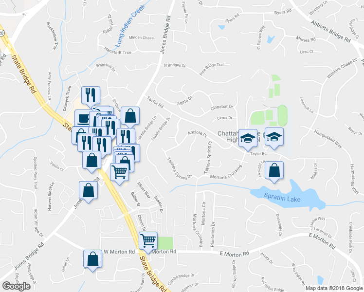 map of restaurants, bars, coffee shops, grocery stores, and more near 4901 Anclote Drive in Alpharetta