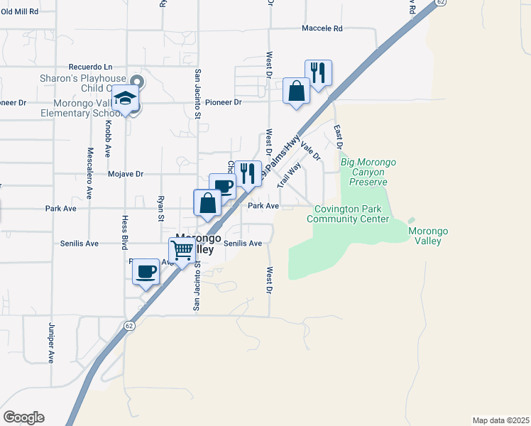 map of restaurants, bars, coffee shops, grocery stores, and more near 49883 Park Avenue in Morongo Valley