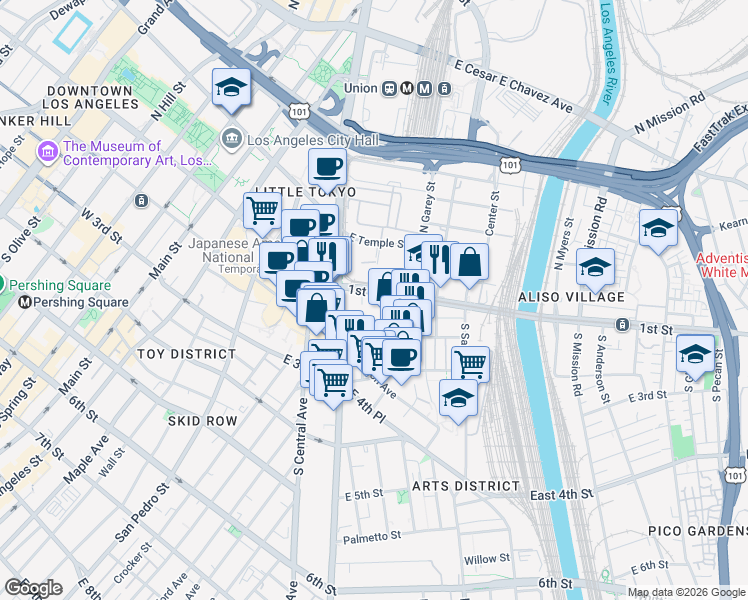 map of restaurants, bars, coffee shops, grocery stores, and more near 107 South Hewitt Street in Los Angeles