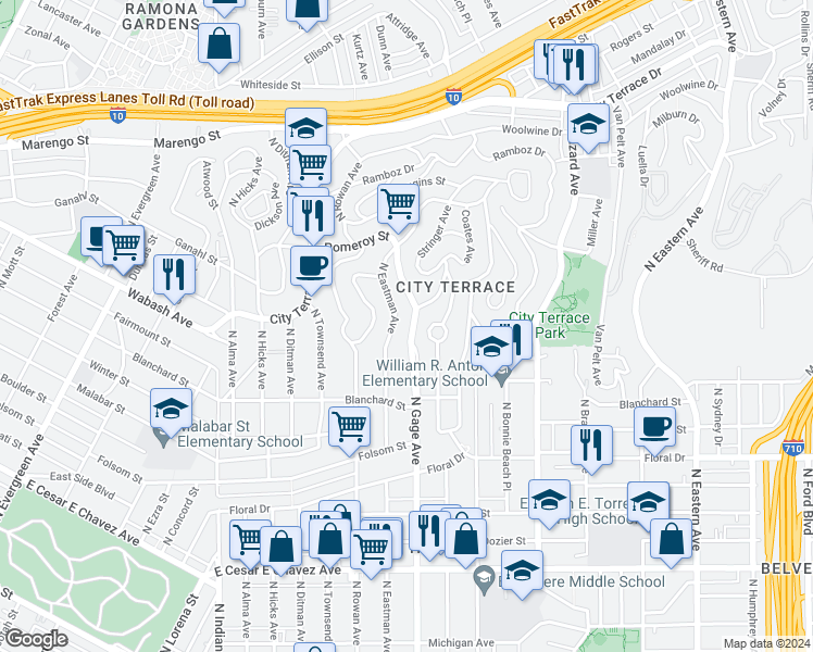 map of restaurants, bars, coffee shops, grocery stores, and more near 1019 North Gage Avenue in Los Angeles