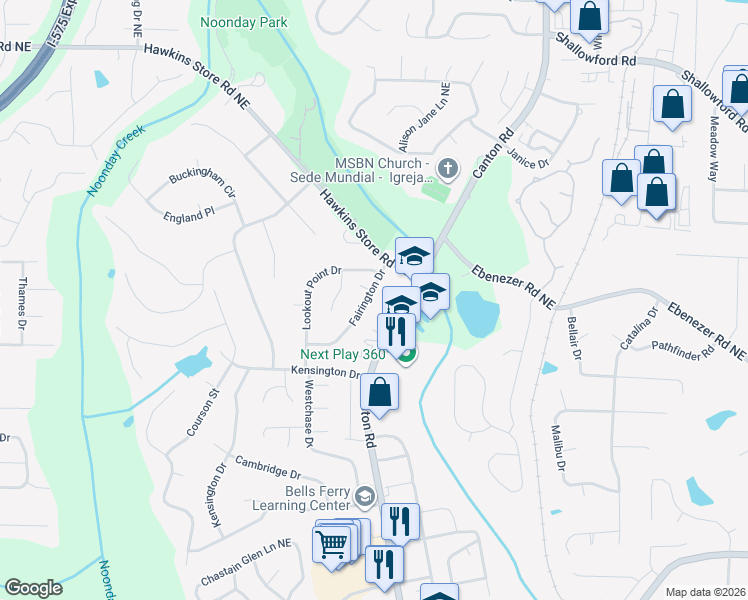 map of restaurants, bars, coffee shops, grocery stores, and more near 3974 Fairington Drive in Marietta