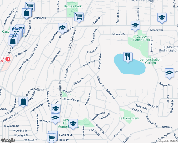 map of restaurants, bars, coffee shops, grocery stores, and more near 1416 Trumbower Ave in Monterey Park