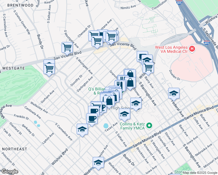 map of restaurants, bars, coffee shops, grocery stores, and more near 11860 Kiowa Avenue in Los Angeles