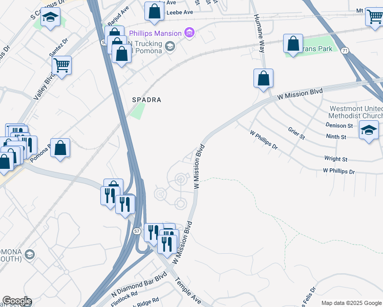 map of restaurants, bars, coffee shops, grocery stores, and more near 309 Vía Moreno in Pomona