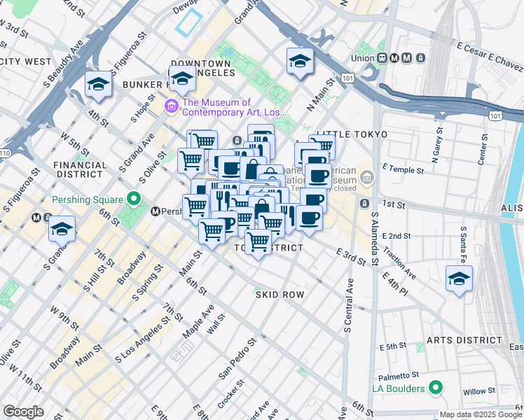 map of restaurants, bars, coffee shops, grocery stores, and more near 301 South Los Angeles Street in Los Angeles