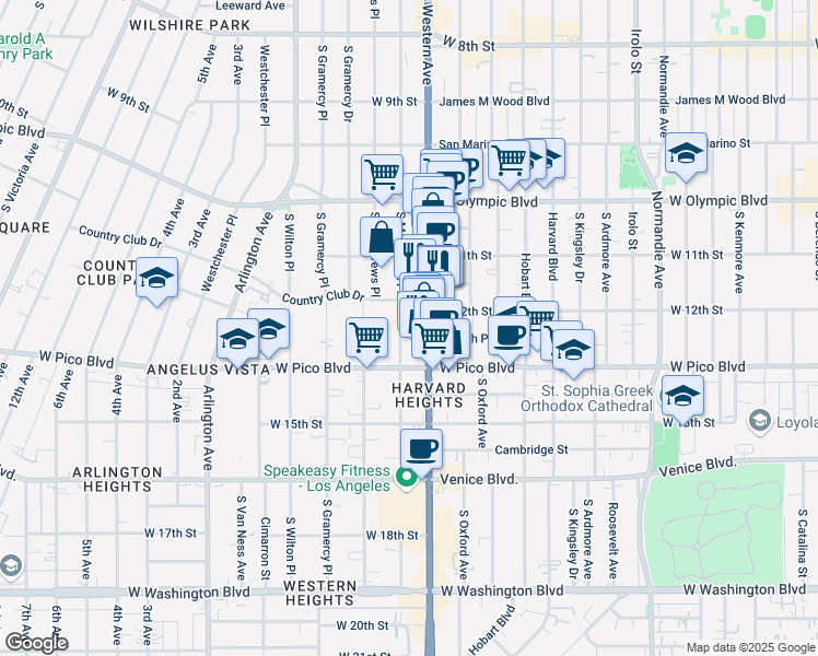 map of restaurants, bars, coffee shops, grocery stores, and more near 1233 South Western Avenue in Los Angeles